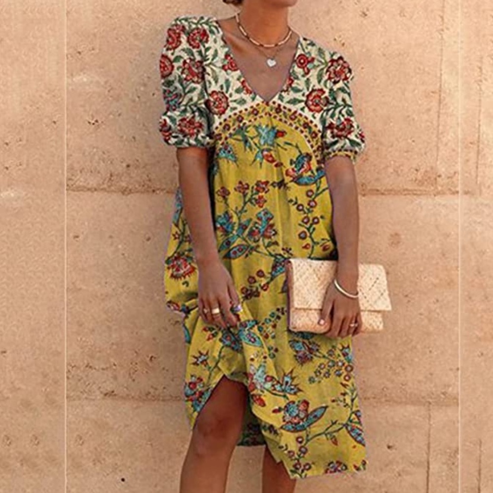 Flowy Yellow and White Boho Dress